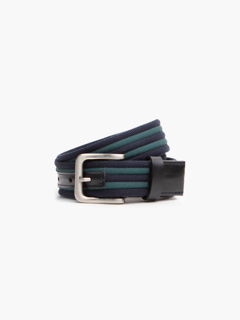 Cinturón de tela azul oscuro y verde con rayas gruesas