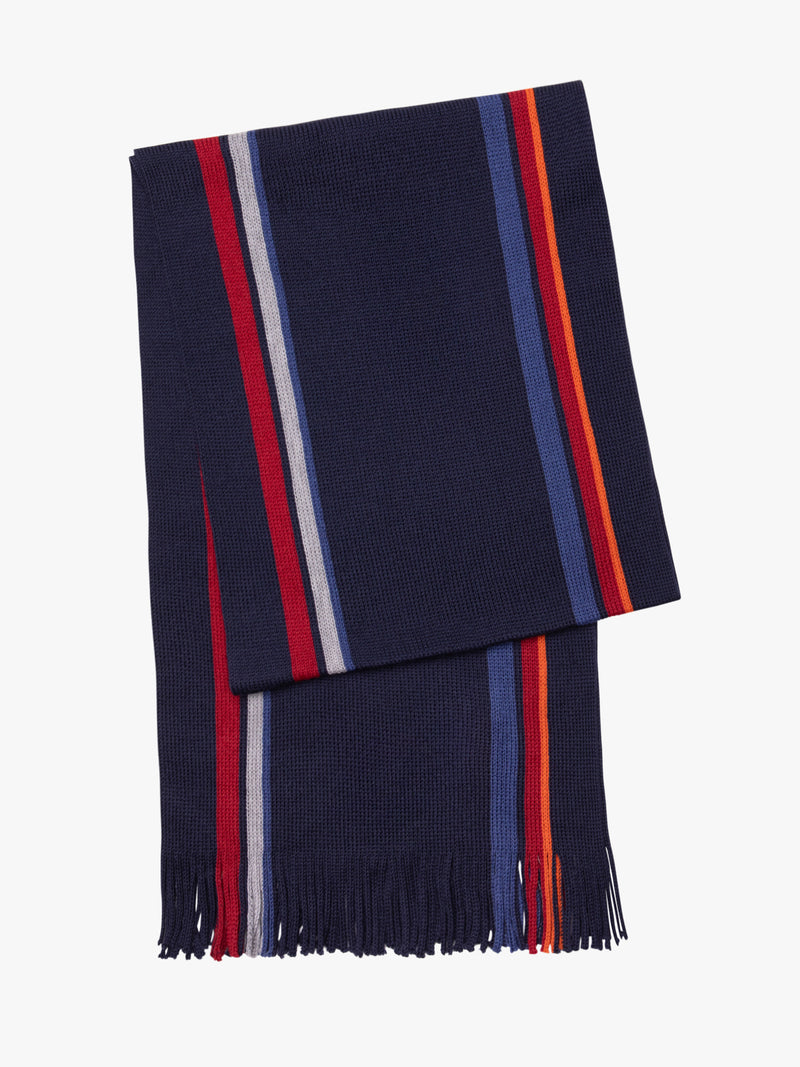 Bufanda de rayas gruesas de lana roja y azul oscuro