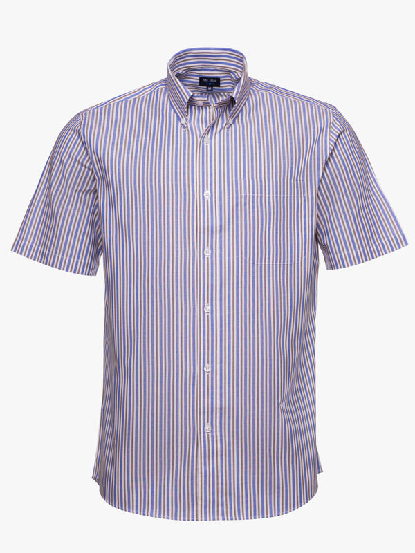 Camisa Oxford marrón y azul claro, manga corta, rayas anchas