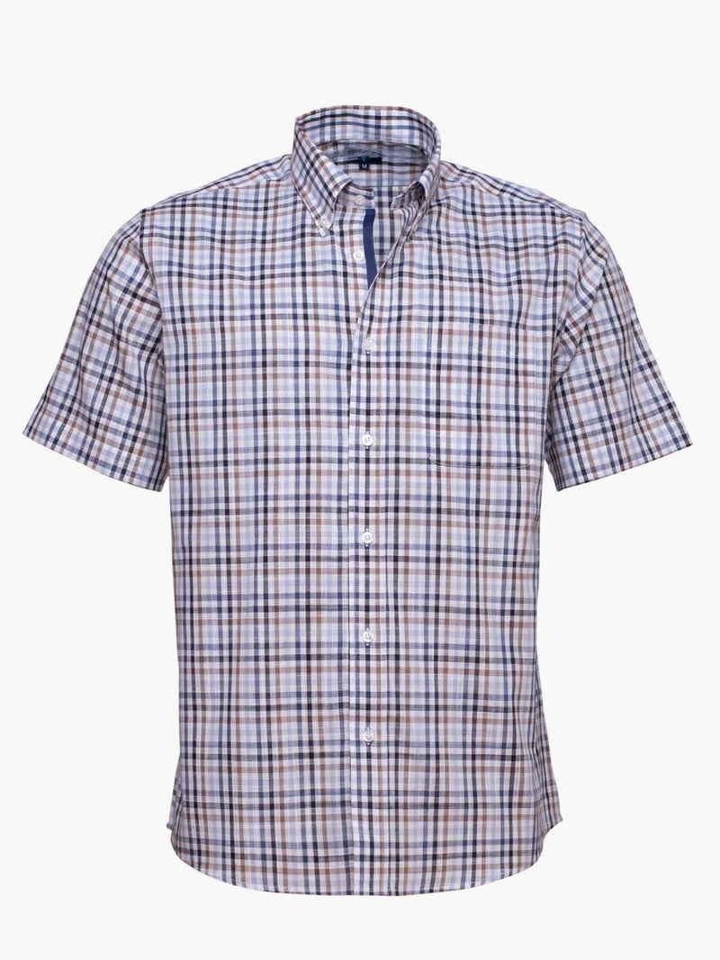 Camisa de lino de manga corta vichy y azul medio con bolsillo