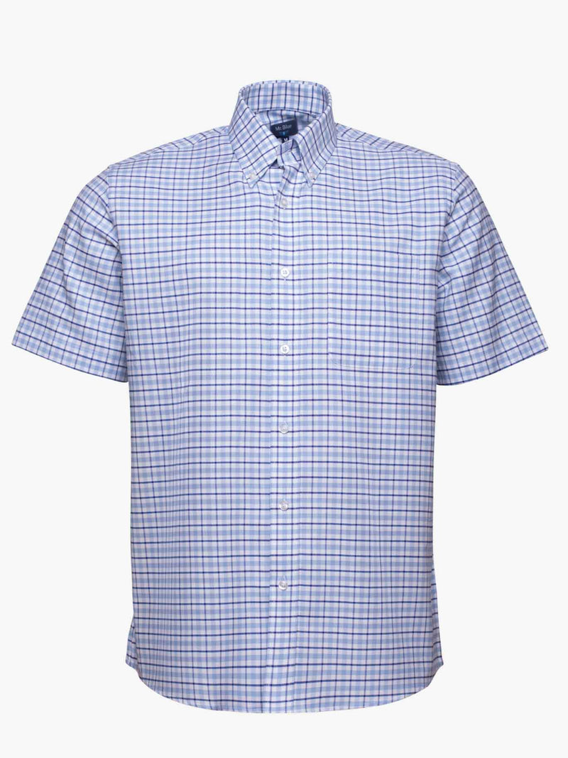 Camisa Oxford Tartan azul índigo de manga corta con bolsillo