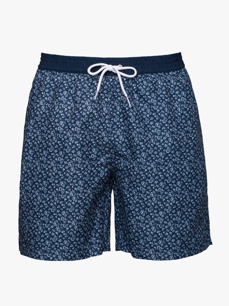 Classic swim shorts with dark blue and white pattern