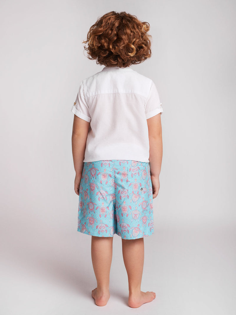 Children's classic swim shorts with pink and blue pattern
