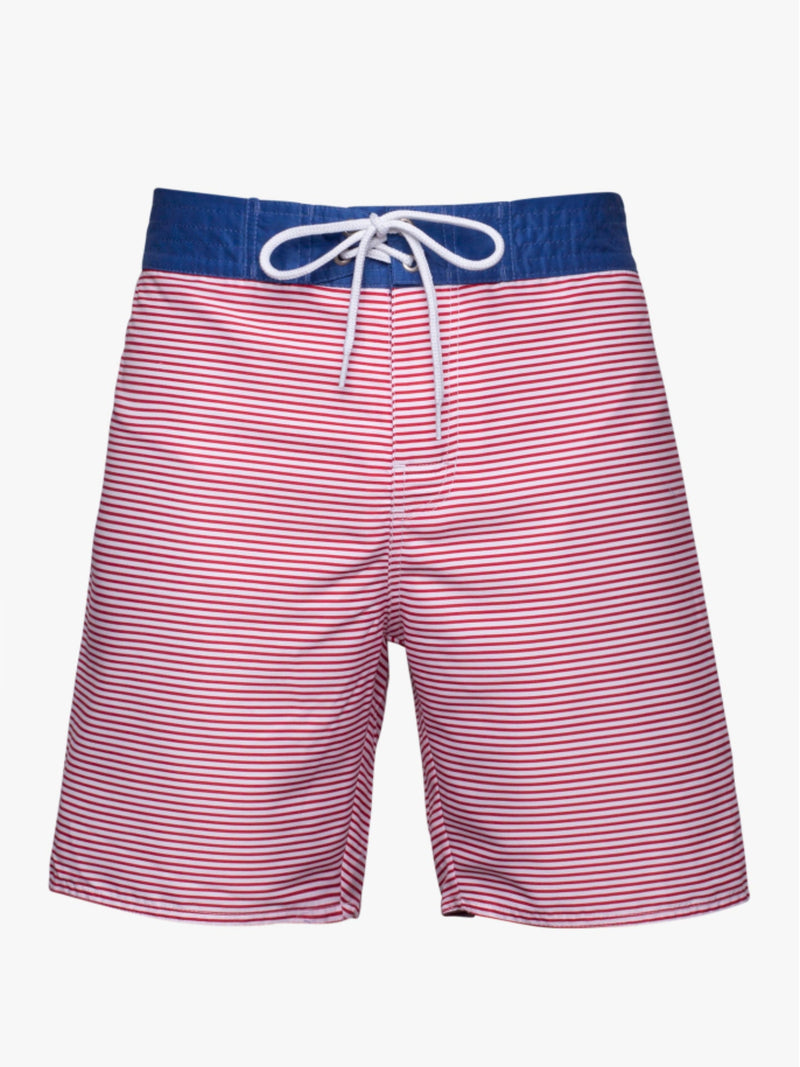 Surfer shorts with thin white and red stripes