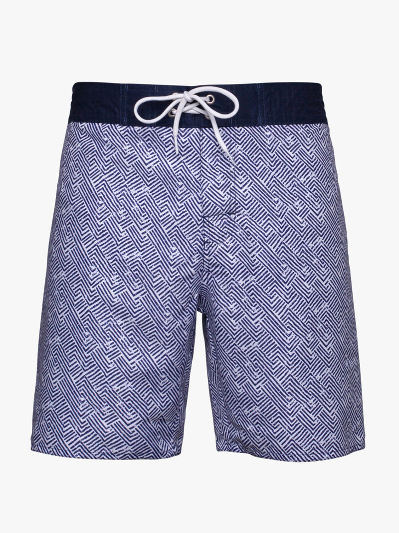 Surfer shorts with dark blue and white pattern