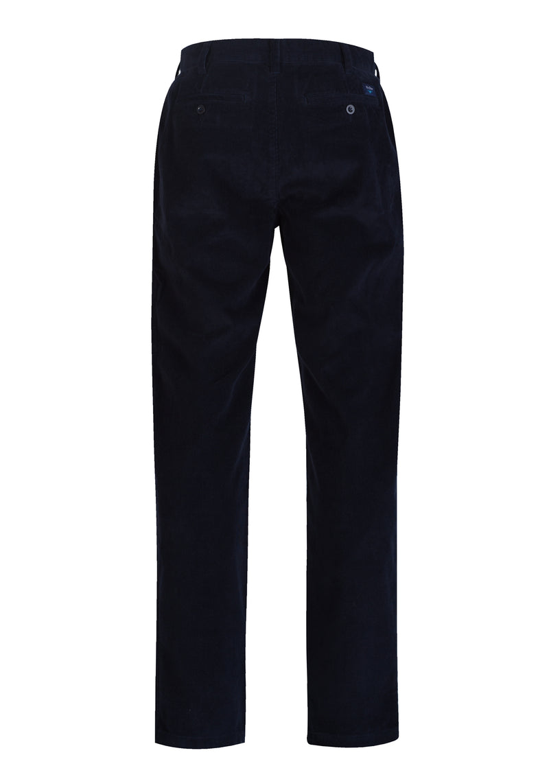 Dark blue corduroy pants with thin stripes