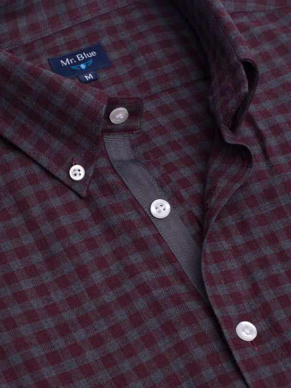 Bordeaux and dark gray checkered flannel shirt with pocket and details