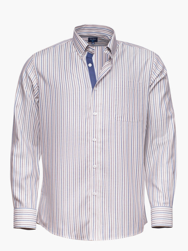 Red and dark blue striped cotton shirt with pocket and details