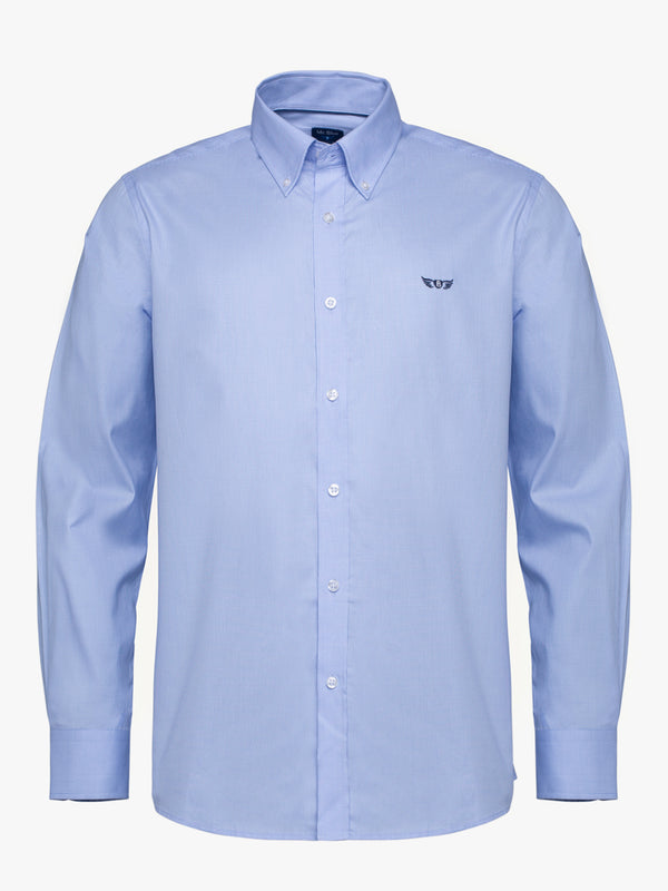 Camisa de algodón azul claro y blanco con logo bordado