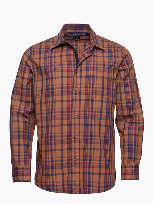 Camel checkered cotton shirt with pocket and details