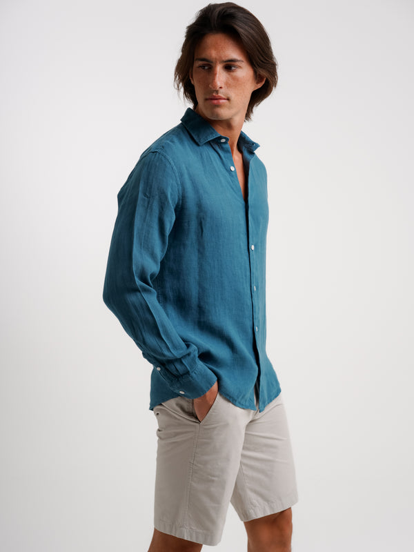 Camisa Tailored Fit Linho Azul