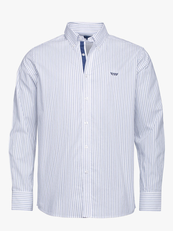 Camisa de algodón Oxford a rayas blancas y negras con logotipo y detalles bordados
