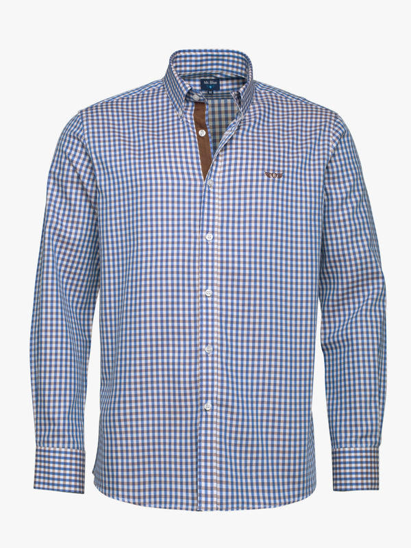 Camisa de algodón a cuadros azules y blancos con logo y detalles bordados