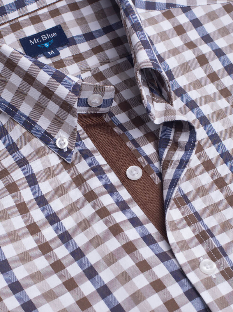 Dark blue and brown cotton checkered shirt with logo and details