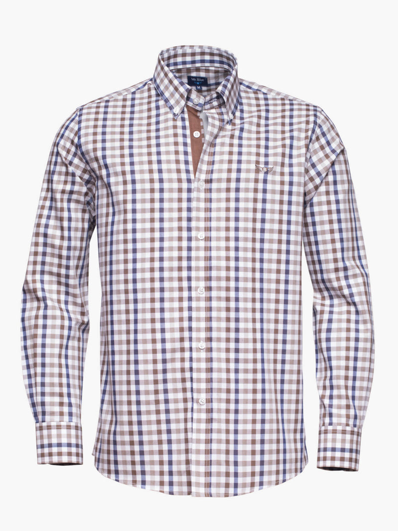 Dark blue and brown cotton checkered shirt with logo and details