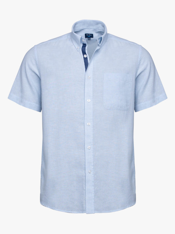 Camisa azul intermedia de lino de manga corta con detalles