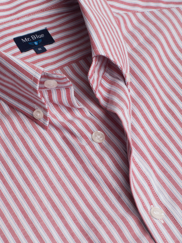 Red and white striped Oxford cotton short sleeve shirt