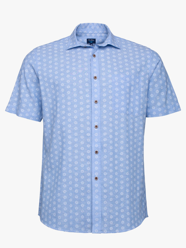 Light blue and white printed short sleeve linen shirt with details