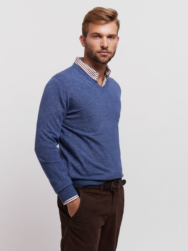 V-neck cotton and cashmere pullover with collar detail