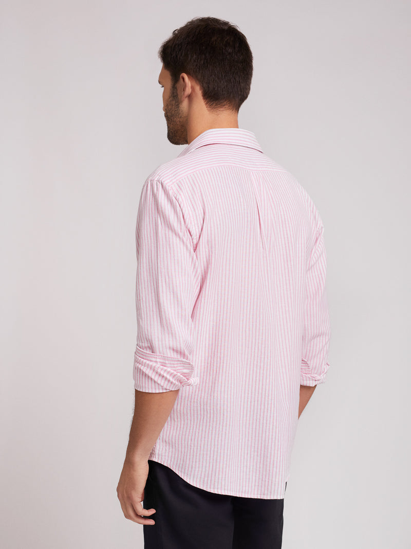 Camisa linho riscas rosa e branco regular fit