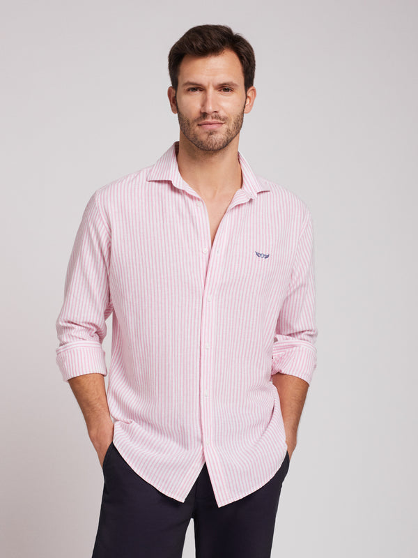 Camisa linho riscas rosa e branco regular fit