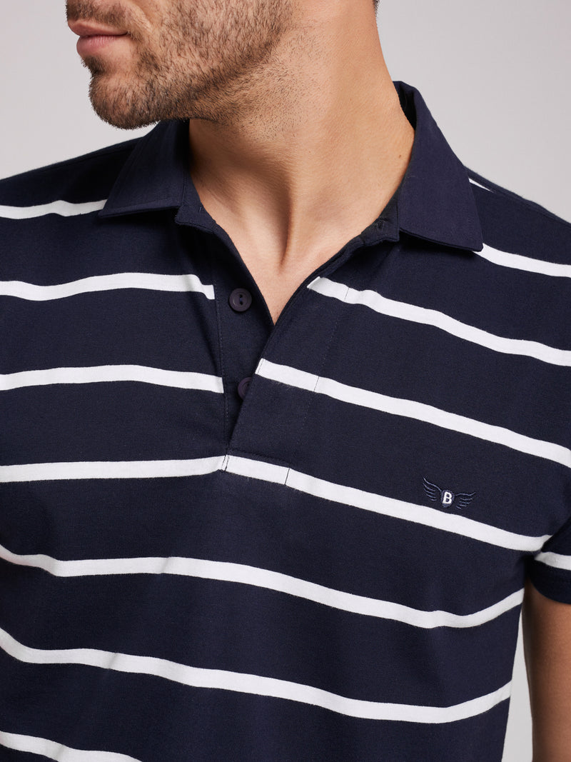 100% cotton blue and white striped rugby polo shirt