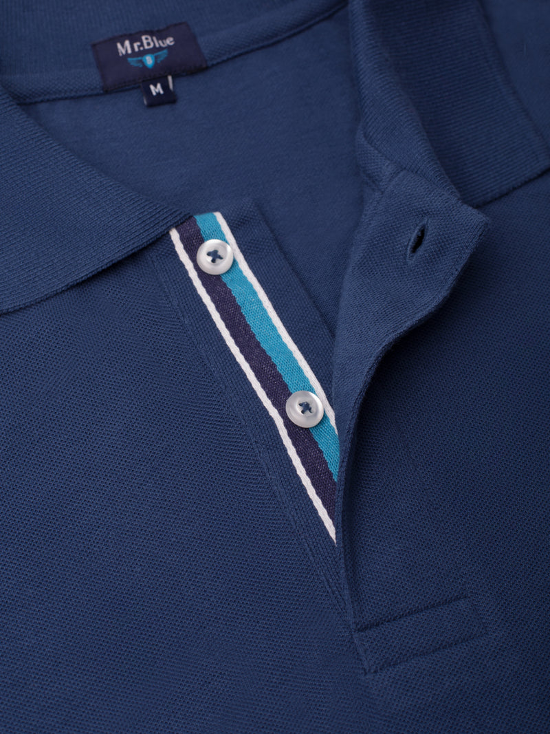 Intermediate blue cotton short sleeve piquet polo shirt