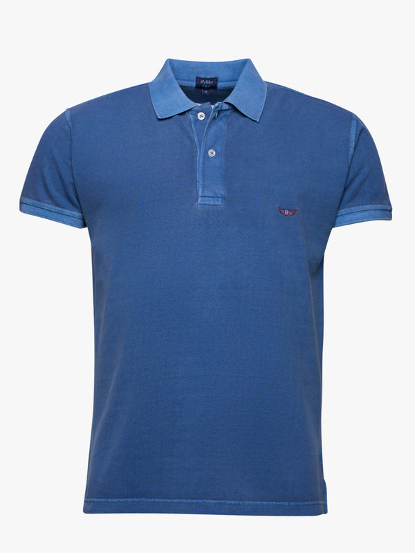 Short sleeve cotton piquet polo shirt garment dye blue denim