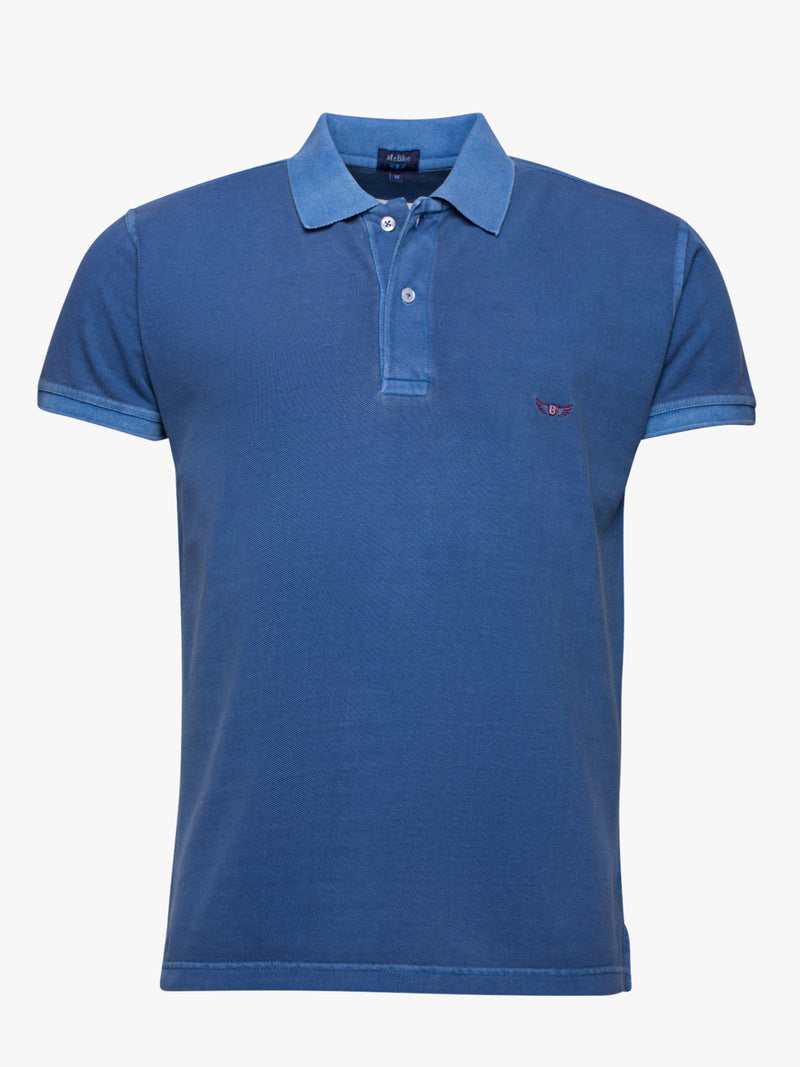 Short sleeve cotton piquet polo shirt garment dye blue denim