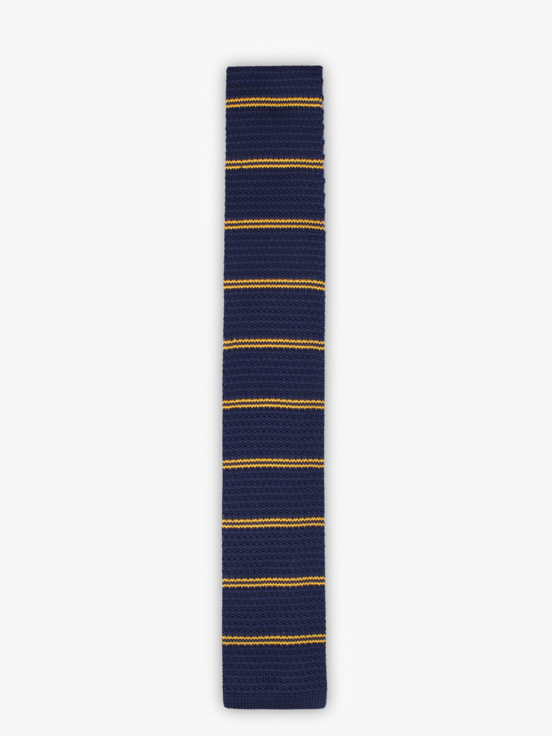 Corbata de punto de rayas finas azul oscuro y amarillo