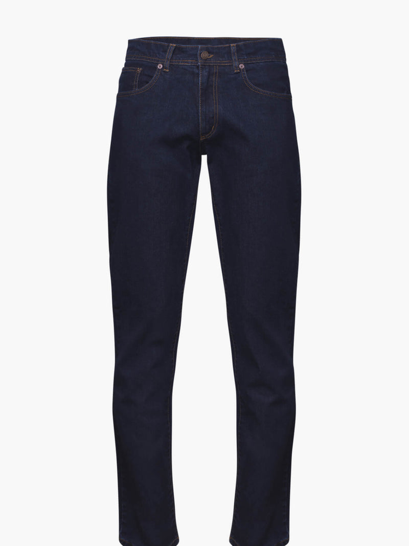 Dark blue stone wash jeans with a high waist