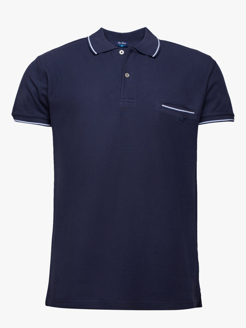 Dark blue cotton short sleeve piquet polo shirt with pocket and logo