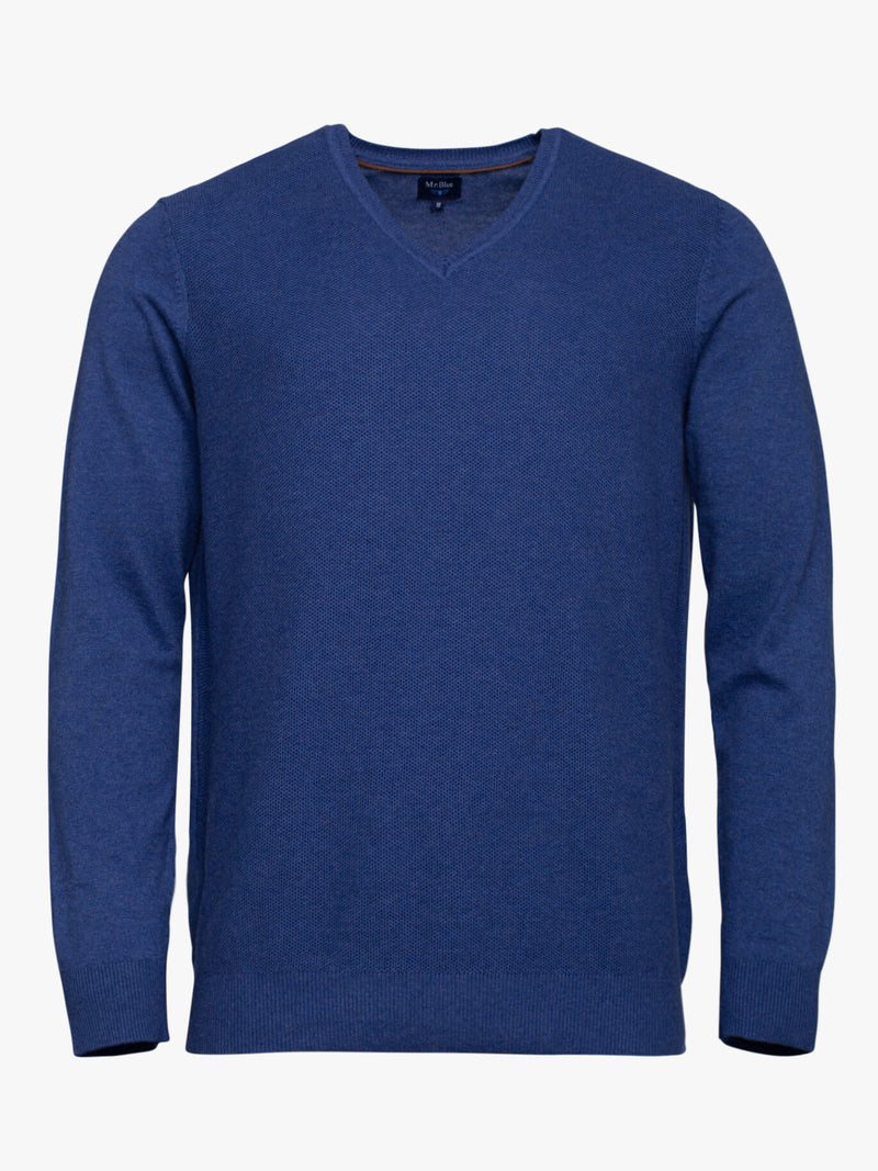 Jersey de algodón azul fuerte con cuello en V y coderas
