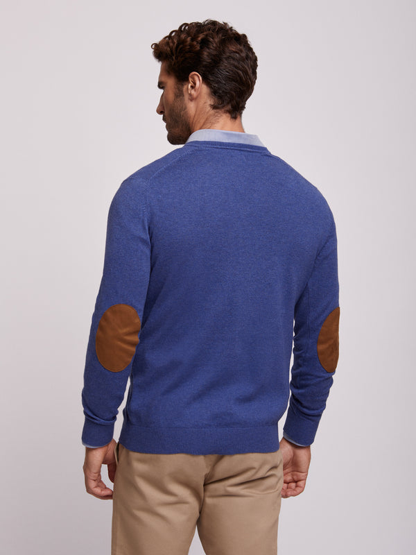 Jersey de algodón azul fuerte con cuello en V y coderas