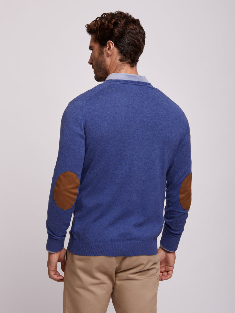 Strong blue cotton V-neck sweater with elbow pads