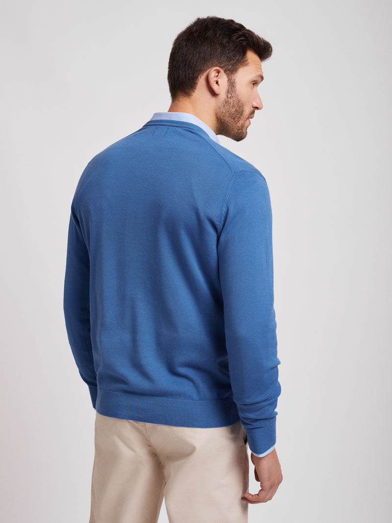 Camisola azul em algodão com decote em V