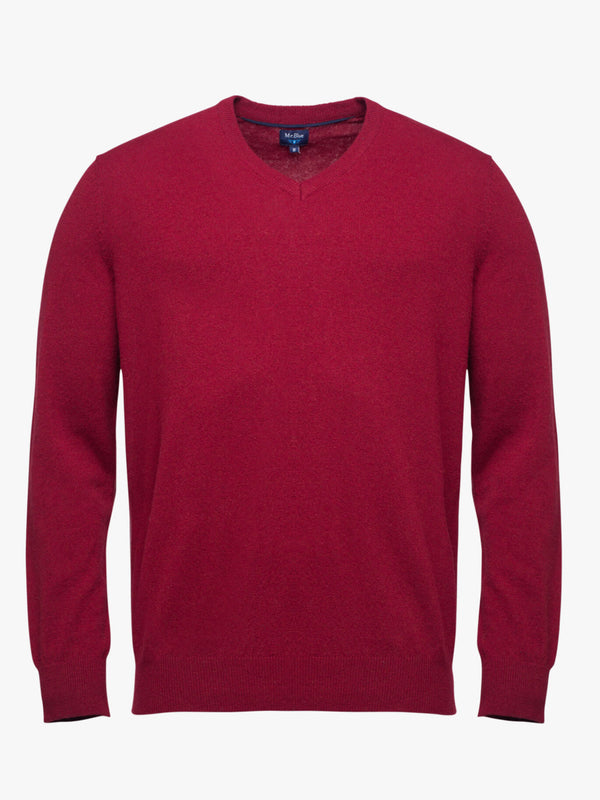 Cuello de jersey de lana rojo oscuro con coderas