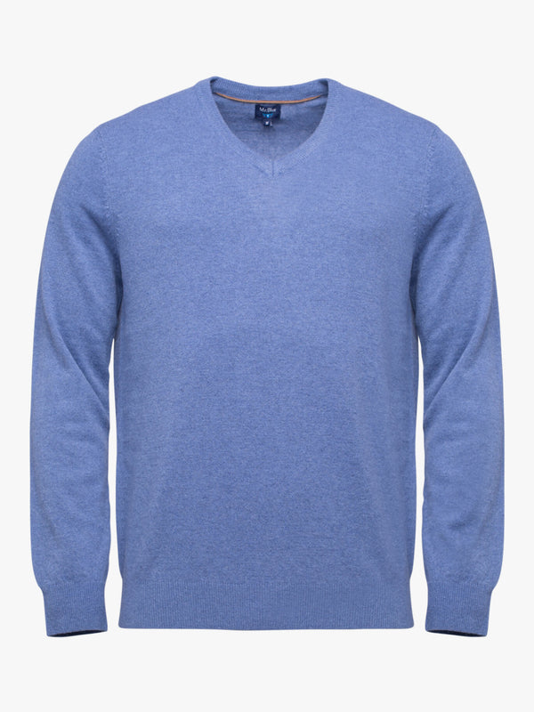 Medium-blue wool sweater with pointed neckline and elbow pads