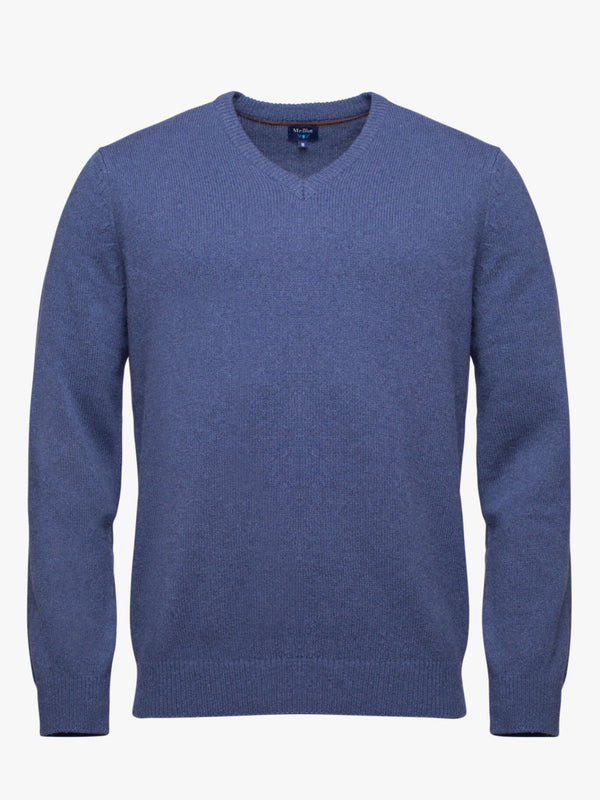 Blue wool sweater with a bateau neckline and elbow pads