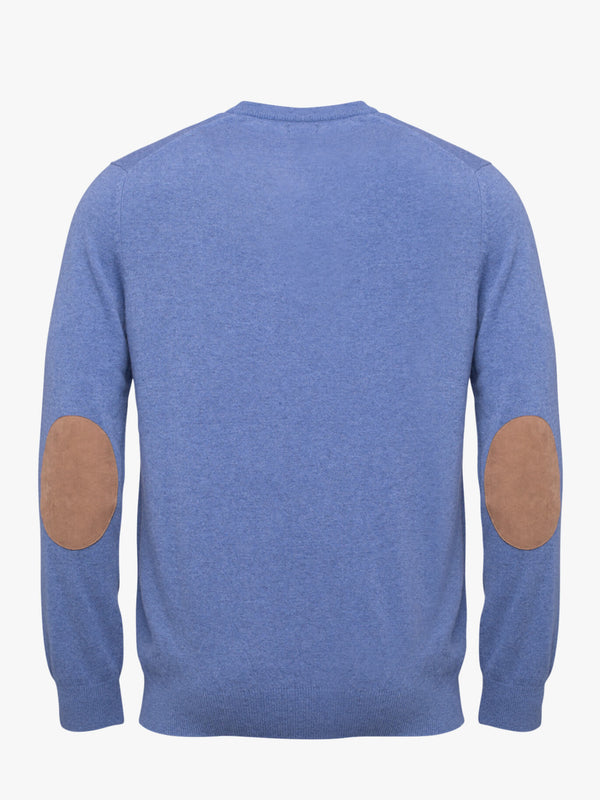 Medium-blue wool sweater with pointed neckline and elbow pads