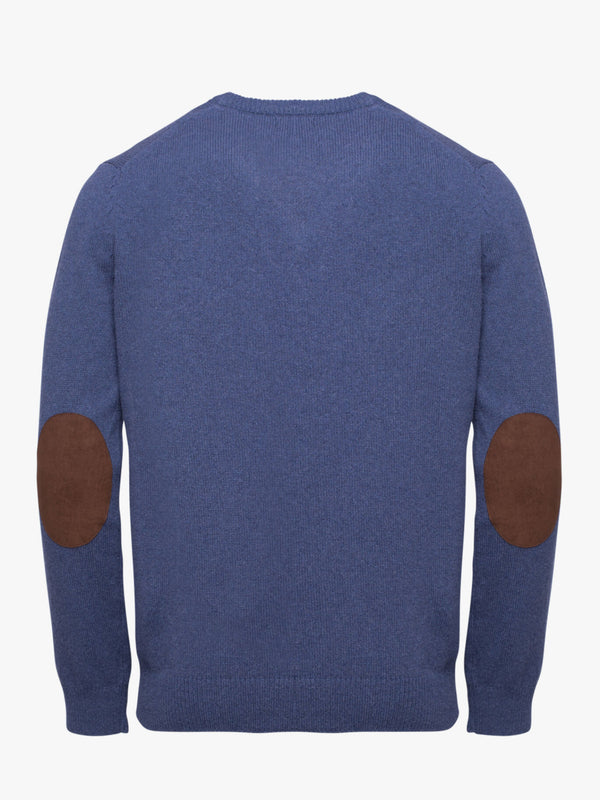 Blue wool sweater with a bateau neckline and elbow pads