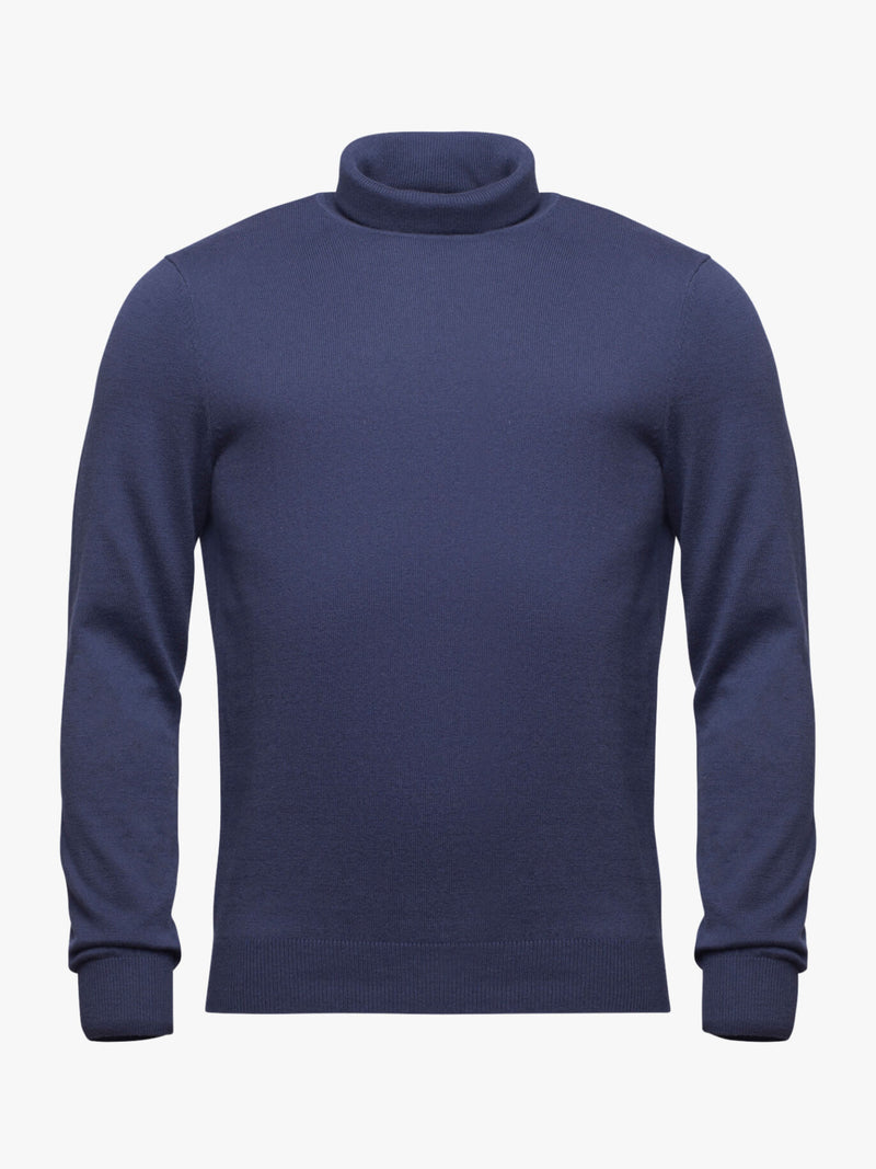 Medium blue Merino wool and cotton turtleneck sweater