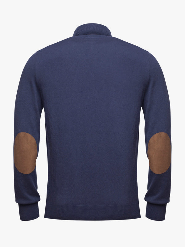 Jersey azul medio de lana Merino y algodón de cuello alto