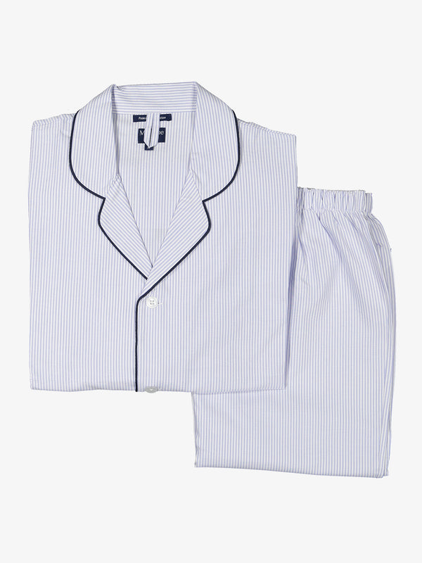 Pijama clásico de manga larga con finas rayas azules y blancas