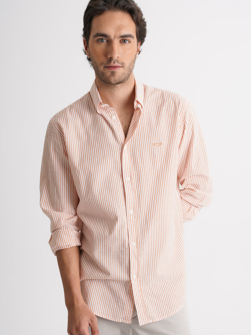 Camisa Regular Fit Seersucker Laranja Mr. Blue